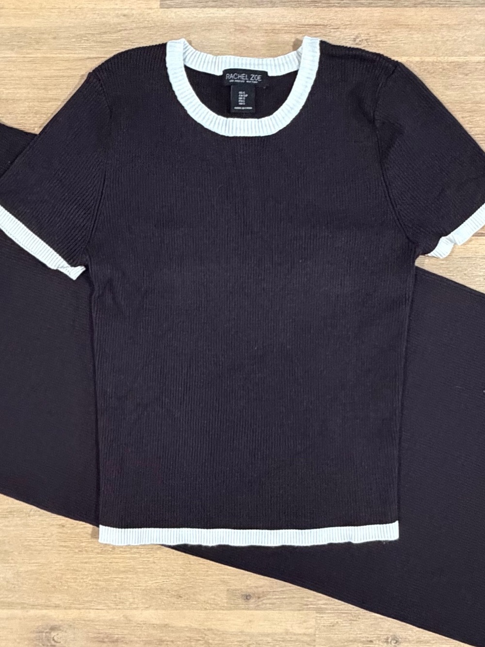 Rachel Zoe Black Short Sleeve Ribbed Top and Ribbed Pencil Skirt with White Trim